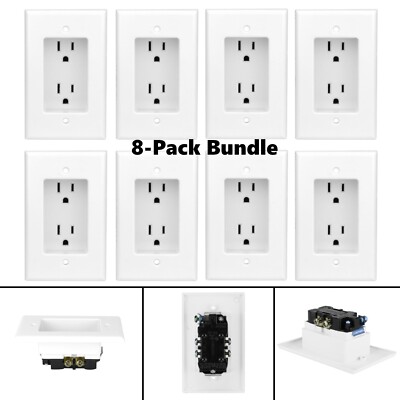 8 Construct Pro Single Gang Recessed Dual Power Outlet White for Behind TV Mount