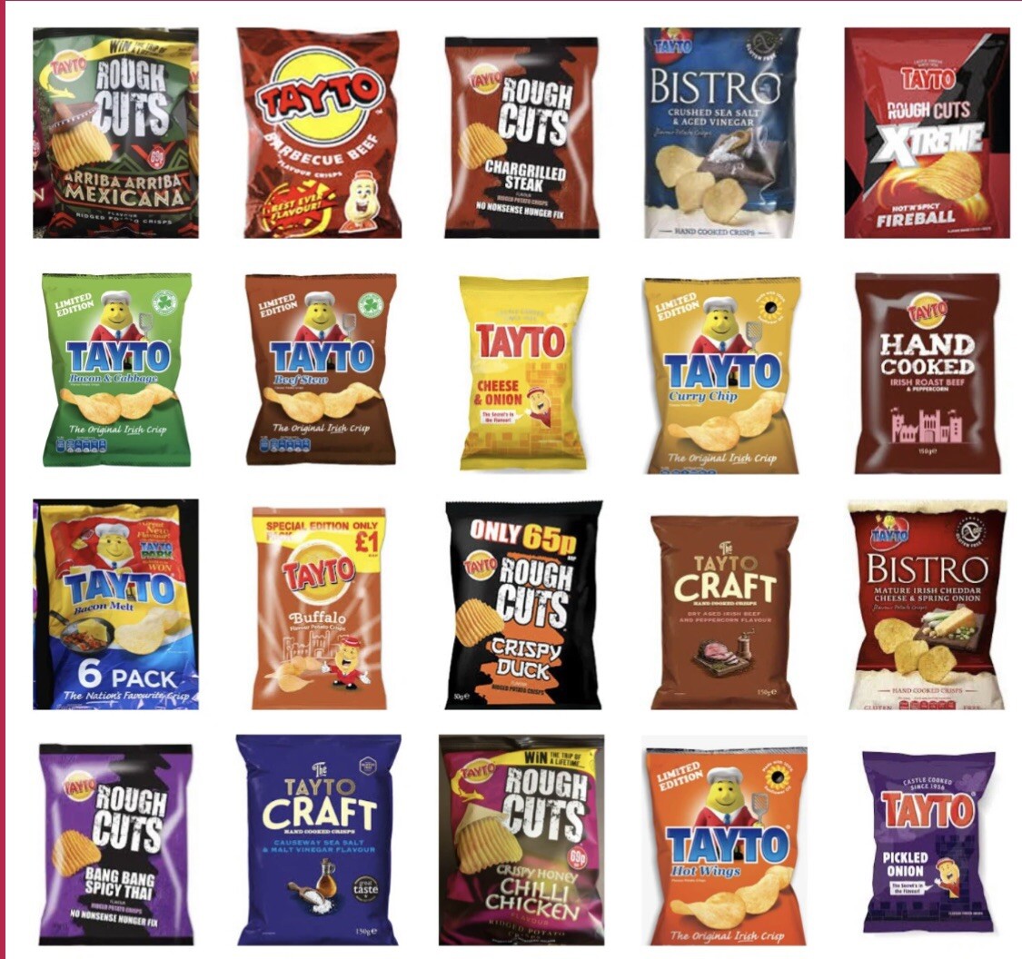 TAYTO IRISH CRISPS ASSORTED FLAVOURS 36 X PACKS OF TAYTO IRISH CRISPS