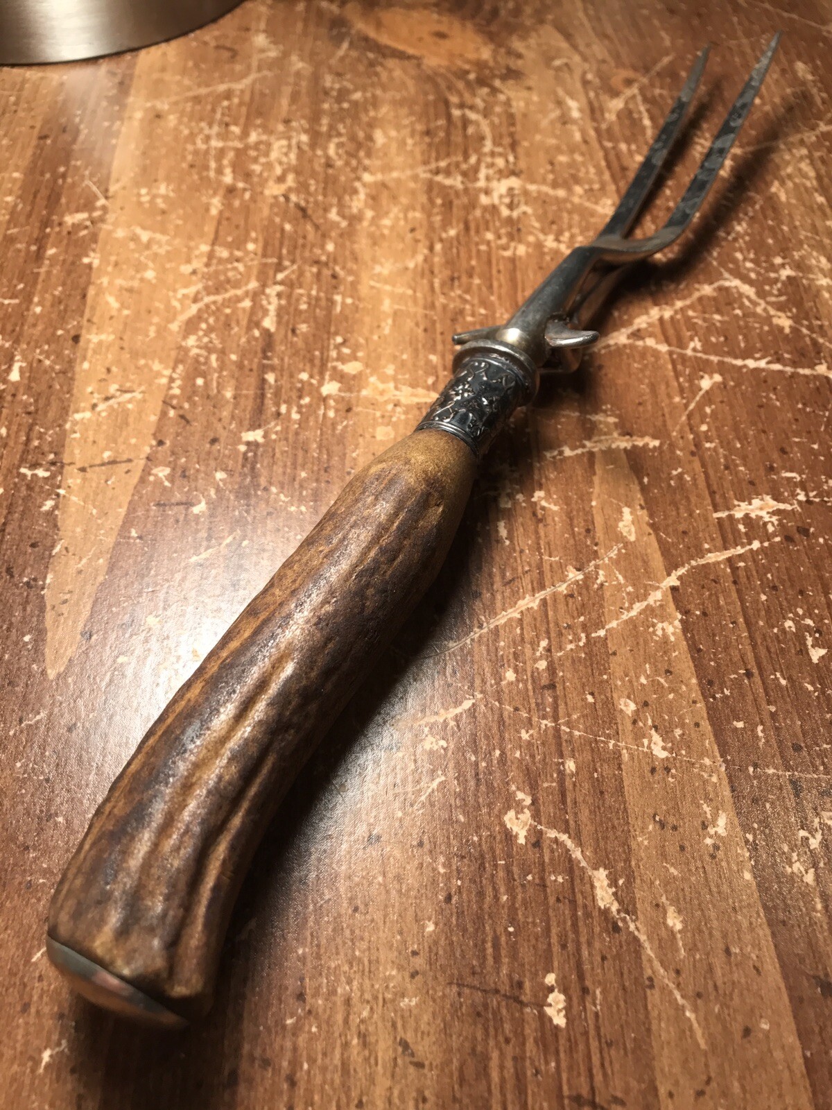 Antique/Vintage Carving Fork Antler Handle, Hand Guard, Sterling Silver