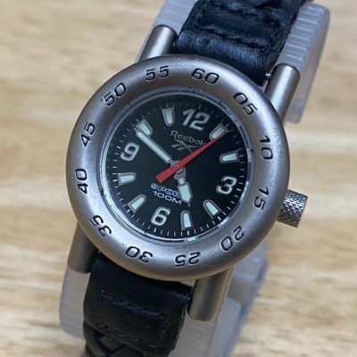 Vintage Reebok Lady 100m Silver Black Leather Analog Quartz Watch~New Battery