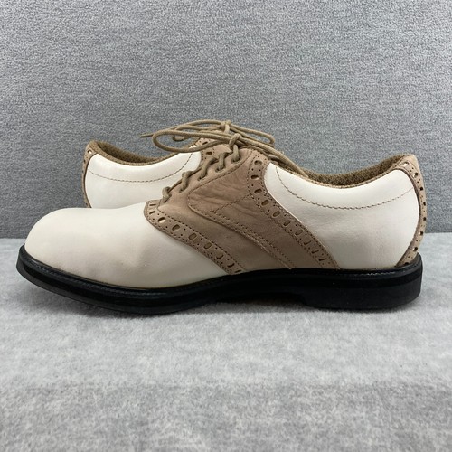 DUNLOP Classic Saddle Leather Golf Shoes Mens Size 8 White Tan Spikes - Picture 7 of 13