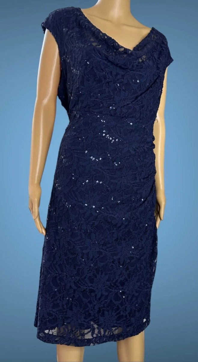 RALPH LAUREN ワンピース LACE NAVY Ralph Lauren Sheath Dress Size 10 Navy Blue Full Lace Sequin