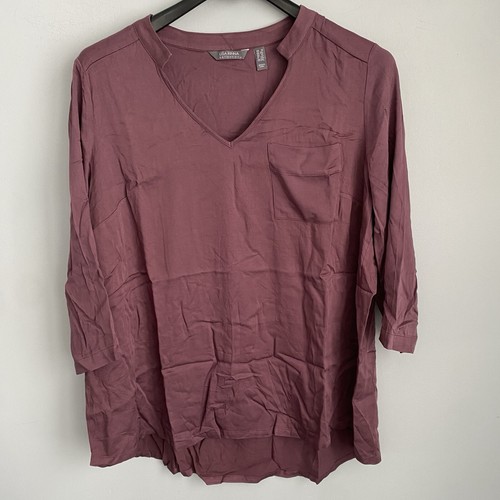 NEW Lisa Rinna Collection Plum Wine Blouse Plus Size 1X Stretch Woven Open Neck - Picture 2 of 11