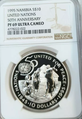 1995 NAMIBIA SILVER $10 UNITED NATIONS 50TH ANNIV NGC PF 69 ULTRA CAMEO TOP POP