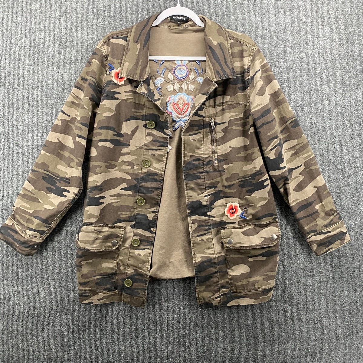 EXPRESS Jacket Womens XS Brown Camo Embroidered Beaded Flowers