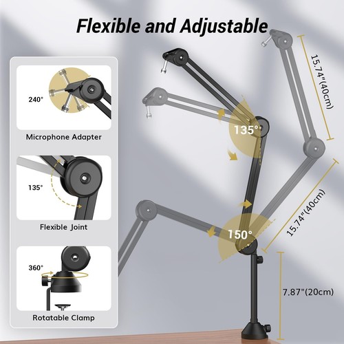 Blue Yeti Micro Boom Arm Bras de Perche avec élévateur pour HyperX Shure Rode... - Photo 6/8