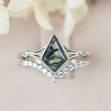 Moss Agate Engagement Ring & Wedding Band Bridal Ring Set Sterling Silver S14273