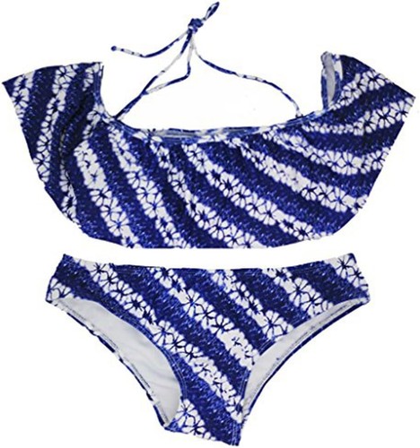 Womens Off Shoulder Bikini Set with Flounce Swimwear Bathing Suit Set Blue Print - Picture 5 of 8