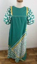 Vintage Jeffrey Barr Women's Muumuu Maxi Dress Kaftan Green Dot Stripe Puff Slv