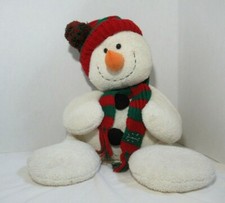 Russ Plush Winter holiday cream chenille snowman red green striped hat scarf