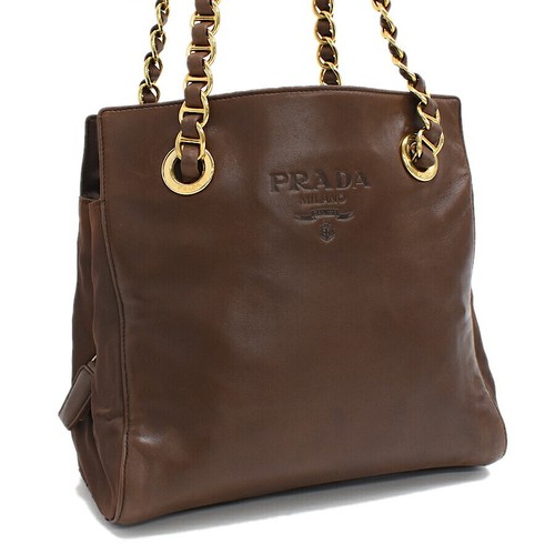 Used Prada Chain Shoulder Bag B4329 Nylon Leather Brown Gold Hardware