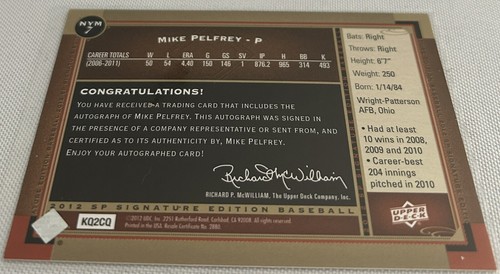 2012 SP Signature Edition Baseball Mike Pelfrey New York Mets Autograph #7 - Foto 3 di 3