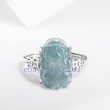 Certified natural A-grade jadeite blue water Pixiu 925 silver inlaid ring