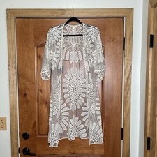 Rebellion Coquette Open Duster Cardigan Antique Cream Embroidered Floral Lace