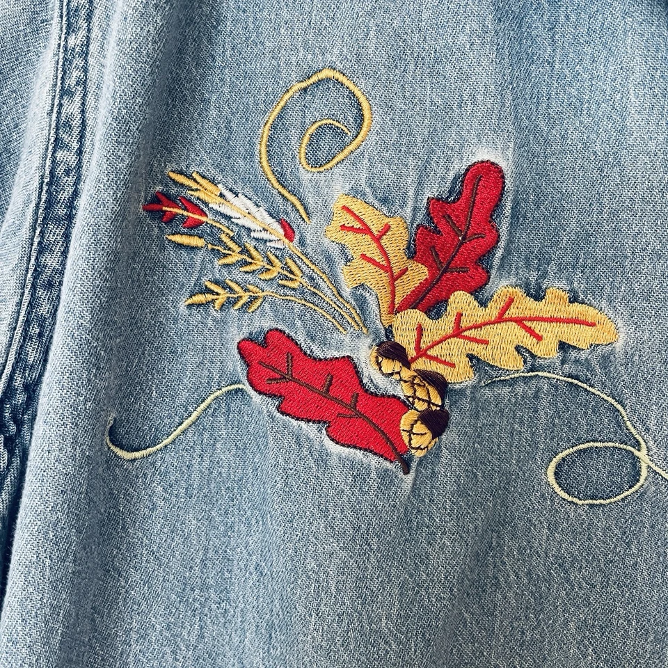 Винтажная осенняя вышитая джинсовая женская рубашка 90-х на пуговицах 2X осенние листья - Изображение 3 из 4