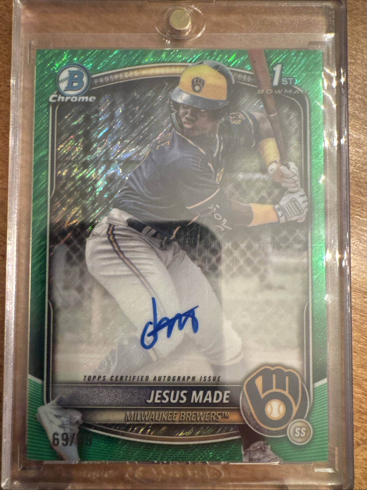 2025 Bowman Chrome Jesus Made 1st Bowman Green Shimmer Prospect Auto /99 Brewers