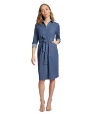 Jones New York Chop Pocket Tie Denim Collared Dress Women's S Dark Wash L/S