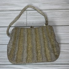 Vintage Women's Beaded Evening Clutch Handbag Purse Gold Silver 1980s Wedding