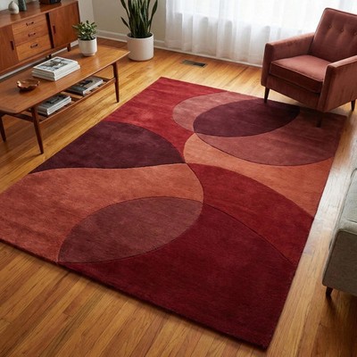 Rust Abstract Rug, Modern Geometric Area Rug Hand Tufted Wool Carpet, Contempory
