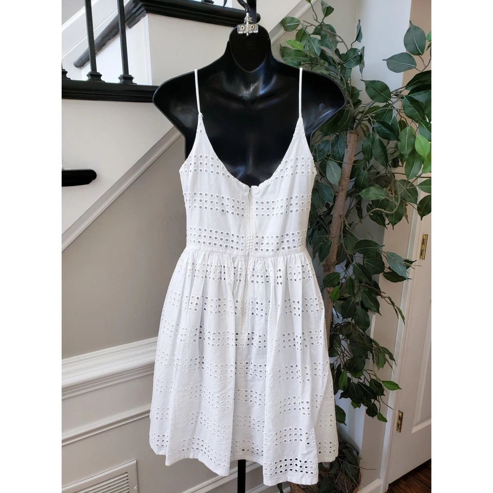 J. Crew A Line Dress Women Size 0 White Crochet Spaghetti Strap Pleated Comfort Foto 4 de 4