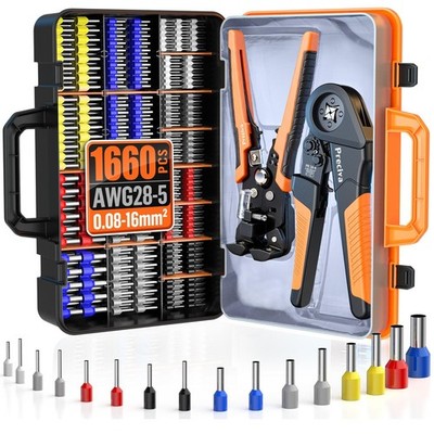 Ferrule Crimping Tool Kit with Wire Stripper, Quadrilateral Ferrule Crimper f...