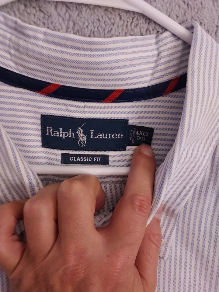 Camisa Polo Ralph Lauren Hombres 4XLT 4XL ALTA Cambray Oxford Azul Rayas Carne Poni Foto 3 de 4