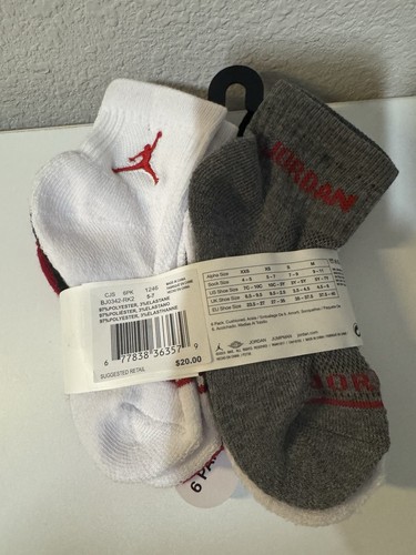 6 Pk Boys Jordan Unisex Red White Black Ankle Socks Size 10c-3y -new - Picture 5 of 6