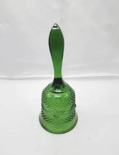 Vintage Artmark English Diamond Point Scroll Hobnail Green Glass Bell 6.25" - Picture 1 of 5