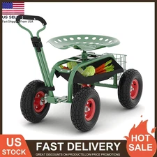 Heavy-Duty Rolling Garden Cart Mobile Gardening Stool w/ Seat Handle & Tool Tray