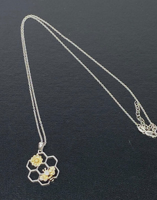 Sterling Silver 925 Women's Necklace Bee Sunflower Honeycomb Pendant Gold Tone