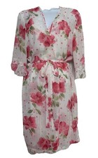 Intimates Pink/White Floral Semi Sheer Night Gown Kimono Robe Set M CottageCore