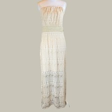 Vanity Dress Womens Large Ivory Cream Strapless Lace Crocheted Maxi Boho Smocked