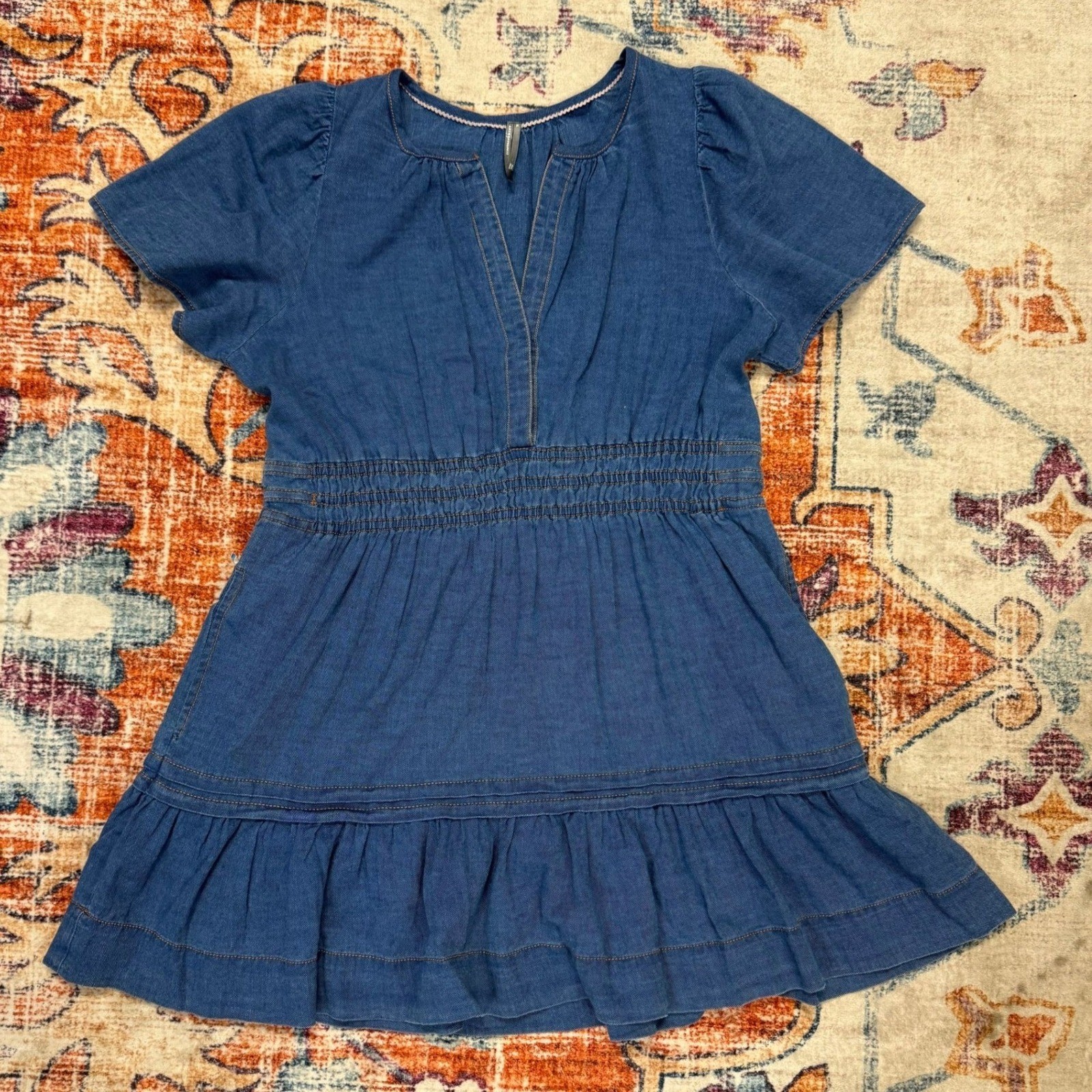 Anthropologie Somerset Denim Shirtdress Smocked Tiered Ruffle Short Sleeve XL