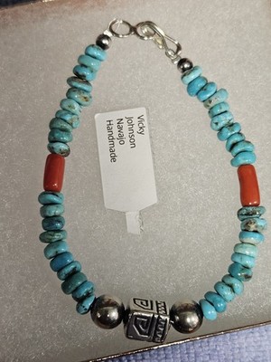 Turquoise, Spiny Oyster, & Sterling Silver Bracelet  Sz 7 By V JOHNSON