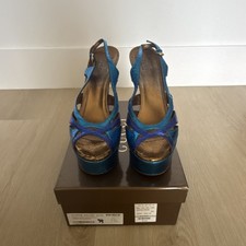 Gucci Blue Brown Platform Heel Buckle Criss Cross Strap Animal Print Open Toe