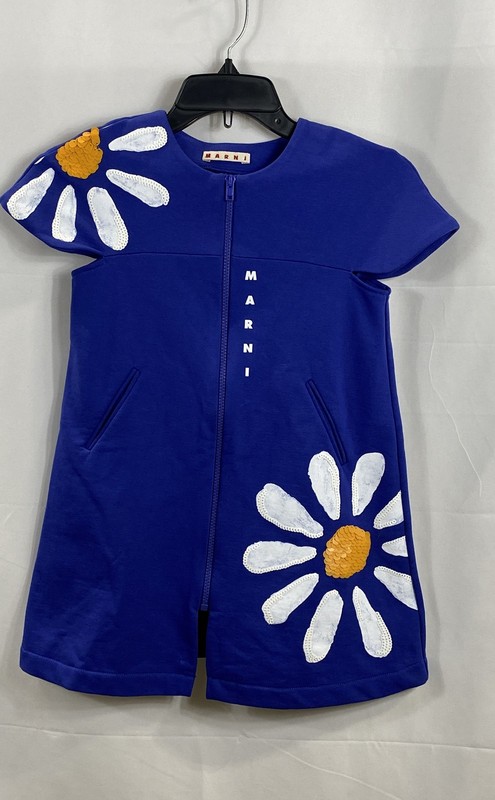 Marni Girls' Blue Zip Up Tunic Dress Daisy Flower Sequin Logo Sz 8Y