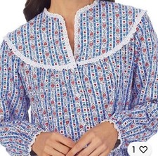 Lanz of Salzburg BLUE Tyrolean FLANNEL Hearts/Flowers Nightgown L POCKETS NWOT
