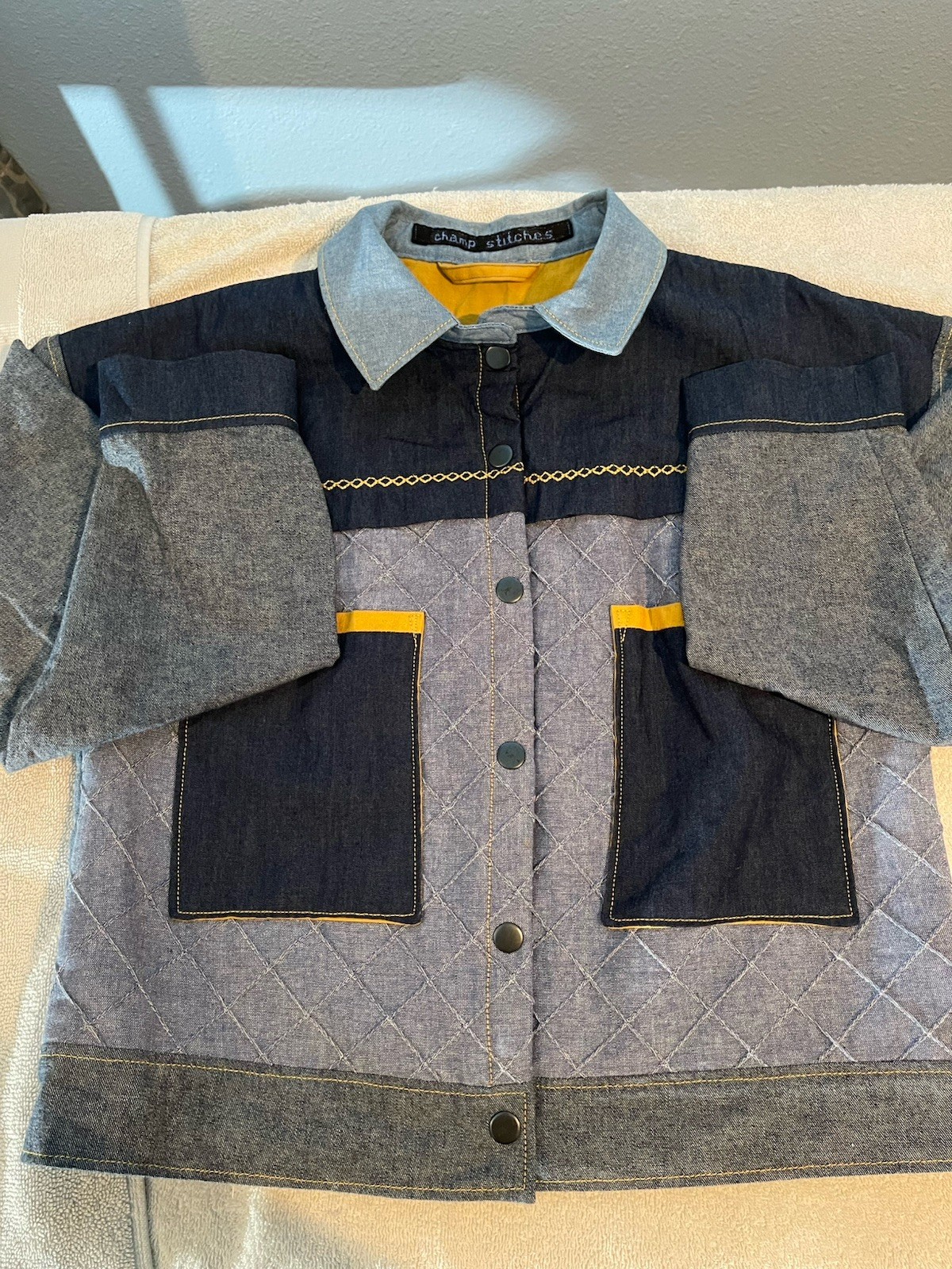 Champ Stitches Denim Patchwork Quilted Jacket Blu… - image 1