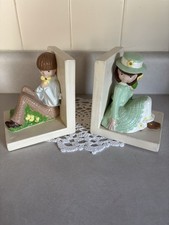 VTG Chalkware Bookends Set of 2 Boy and Girl Hand Painted Made In Japan