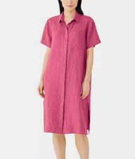 Eileen Fisher Geranium 100% Washed Organic Linen  Classic Collar Shirt Dress XL 