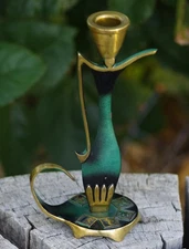 VINTAGE Candle Holder Brass Enamel Zodiac Orpaz Made in Israel 1950's