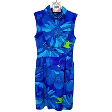 Vintage 60  s Hilo Hattie Blue Green Floral Hawaiian Dress Tiki Tropical XS Small