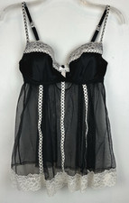 Victoria Secret Teddy 34D Babydoll Lingerie Black Lace Negligee Sheer Coquette