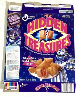 Vintage 1993 General Mills Hidden Treasures Empty Flat Cereal Box Mystery Flavor