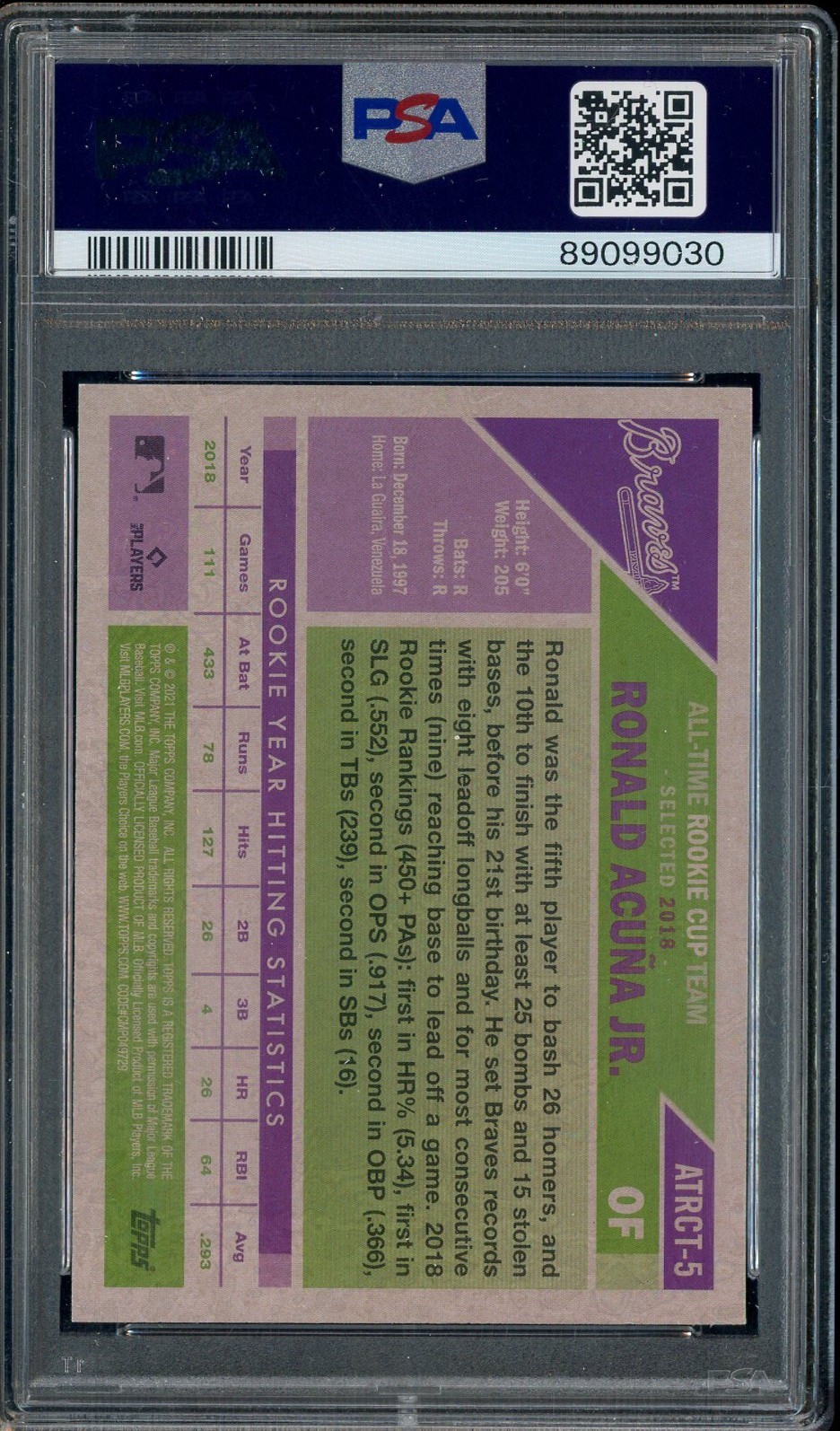 Ronald Acuna Jr 2021 Topps All-Time Rookie Cup #5 Braves PSA 9 MINT view 2