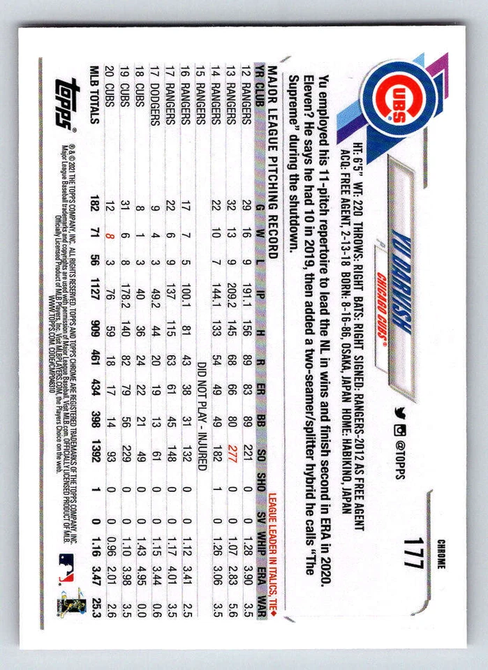 2021 Topps Chrome Pink Refractors #177 Yu Darvish (ref 204698) - Image 2 of 2