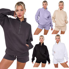 Women 2 piece outfit summer sweatshirt oversized half zipped Collared Tracksuit