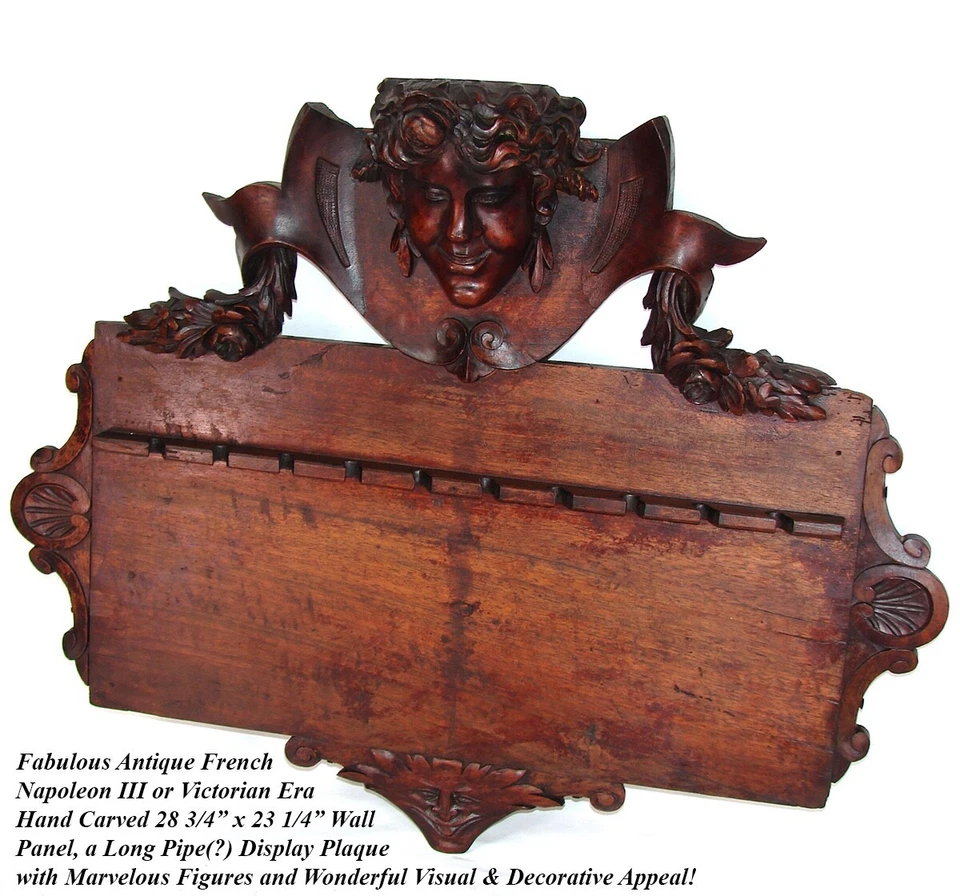 Antiguo panel de pared victoriano tallado de 30", estante de exhibición de tubo de vástago largo, figurativo Foto 2 de 4