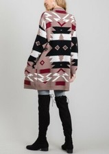 Aztec Tribal Southwestern Knit Cardigan Sweater Duster Top Mocha Black S/M