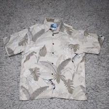 AFTCO Bluewater Men's Hawaiian Shirt Size Large Beige Plants Fish Marlin